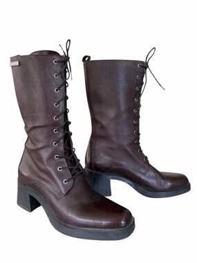 Harley Davidson Brown Leather Lace Up Mid Calf Block Heel Biker Boots Size 8.5